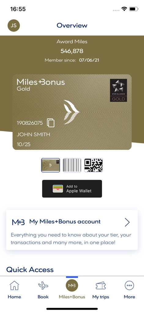 Aegean Airlines - Dieser Bildschirm bietet eine detaillierte Übersicht über das Miles+Bonus Konto, einschließlich der Miles+Bonus Gold Karte und einer Anzeige von 546.878 gesammelten Prämienmeilen.