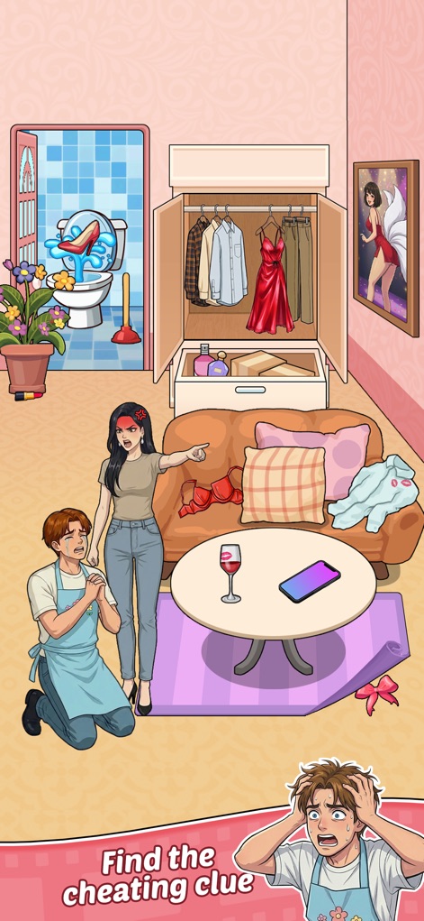 Tricky Dramas: Short Stories - Witness the drama unfold, with an overflowing toilet suggesting chaos and an open closet hinting at hidden secrets.