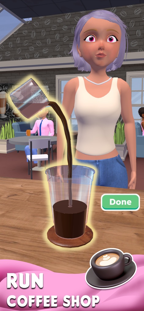 Perfect Coffee 3D - This tool features satisfying pouring animations as users craft beverages, while customers like Simone patiently observe the brewing process.
