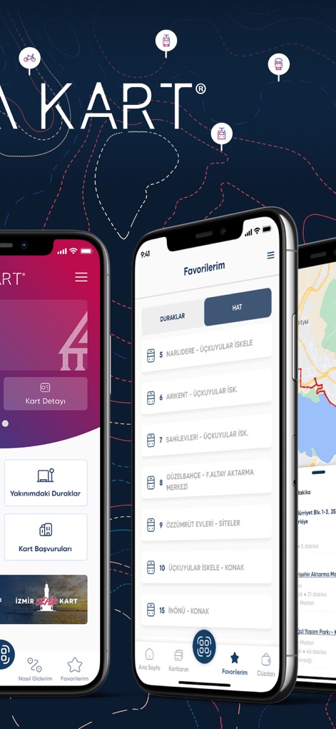 İzmirim Kart - Dijital Kart - Users can customize their travel experience by easily managing a list of favorited "Duraklar" (stops) and quickly switching to the "Hat" (lines) tab for preferred routes.