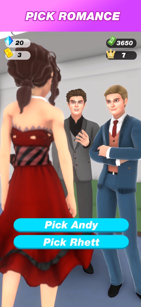 Become Office Queen - Users can navigate complex romantic plots, as depicted by the central character choosing between two distinct love interests through interactive decision prompts.