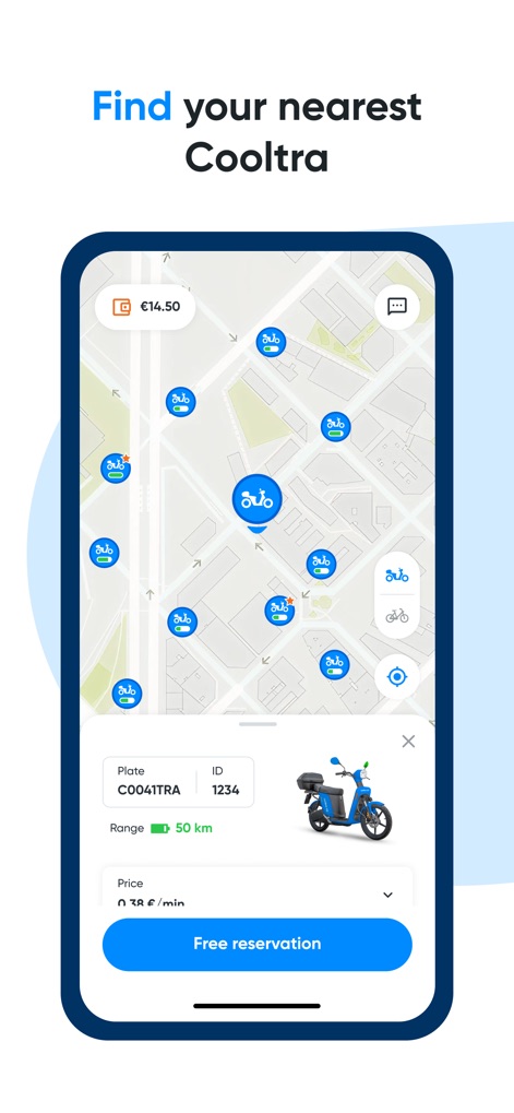 Cooltra: E-moped rentals - Users can effortlessly find the nearest Cooltra vehicle on an interactive map, complete with detailed information like range and per-minute pricing.