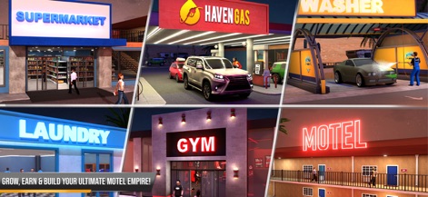Supermarket Motel Simulator 3d - La aplicación permite gestionar un amplio espectro de negocios. Los usuarios pueden apreciar las múltiples fachadas de negocios y el diseño de diferentes secciones de servicio, como el supermercado y la gasolinera.