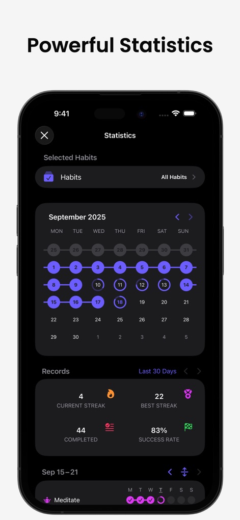 Grit: Daily Habit Tracker - Analyze comprehensive statistics, featuring a clear calendar overview and detailed records like current and best streaks for insightful progress tracking.
