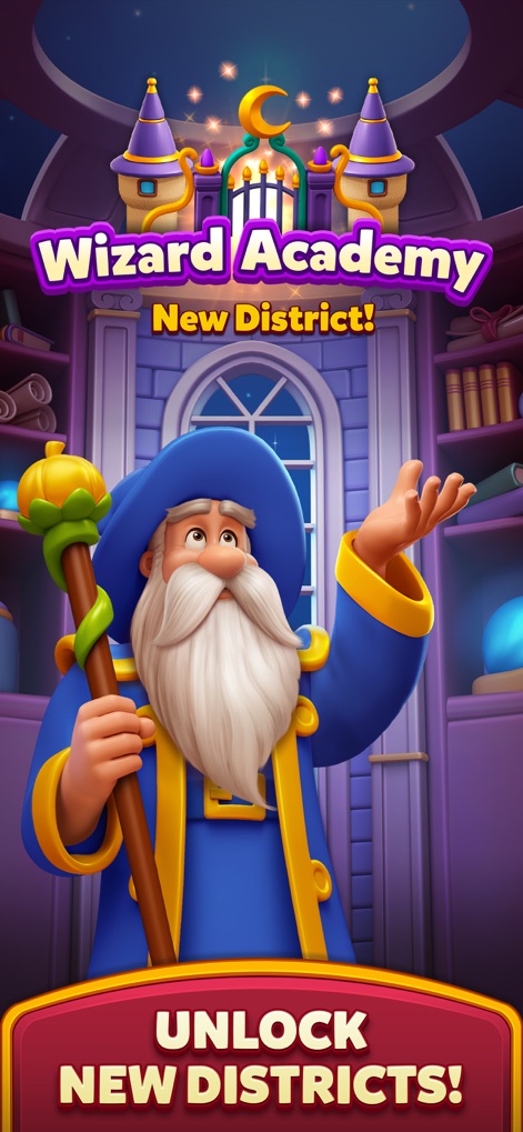 Royal Kingdom - Los usuarios pueden interactuar con el personaje del Mago con su vara mágica en un entorno de biblioteca detallado, revelando la oportunidad de desbloquear un nuevo distrito como la "Wizard Academy".