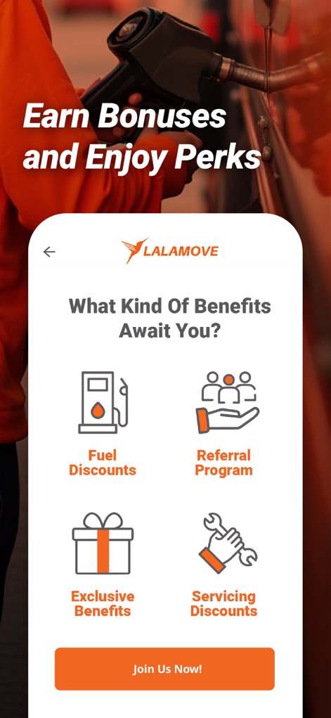 Lalamove Driver - Drive & Earn - Los conductores pueden explorar los múltiples beneficios que les esperan, como los 'Fuel Discounts' y el 'Referral Program', que se muestran claramente junto con otras 'Exclusive Benefits' en la interfaz de la aplicación. Los íconos visuales ilustran cada ventaja ofrecida.