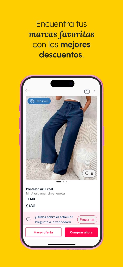 GoTrendier Compra y vende moda - 特定の商品の詳細ページが表示されており、「Pantalon azul real」と「TEMU」のブランド名、そして「送料が無料」であることが明確に示されています。ユーザーは「購入」や「出品者への問い合わせ」を検討できます。