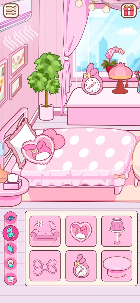 Love Home: Cute Life Sim Games - Erstelle ein individuelles Zuhause mit verspielten Elementen, wie dem gepunkteten Bett und dem herzförmigen Kissen, um eine persönliche und kawaii Atmosphäre zu schaffen.
