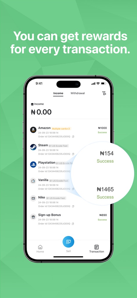 Carding - Sell Gift Cards - The app provides a clear Income history, showcasing successful transactions with their corresponding "Success" status and accurate earnings like N154.