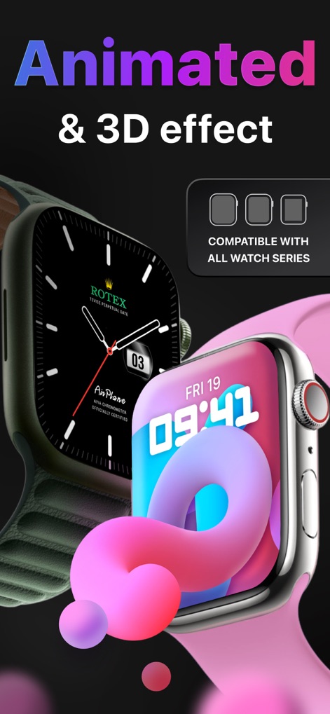 Watch Faces Gallery & Creator - Experience animated and 3D effect watch faces, showcasing vibrant abstract designs and sophisticated mechanical movements compatible with all Apple Watch series.