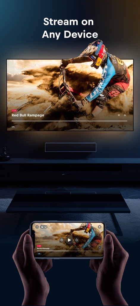 Red Bull TV: Watch Live Events - Experience the app's versatile multi-device streaming, showcasing content like 'Red Bull Rampage' simultaneously on a large TV and a mobile phone, demonstrating consistent playback controls across platforms.
