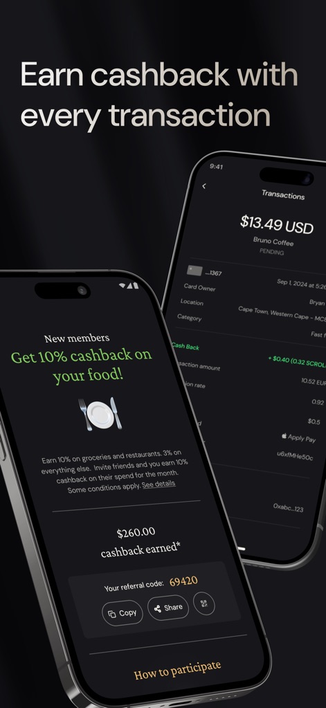 ether.fi: Crypto Card & Spend - Users can observe the generous cashback promotions, such as 10% on food for new members, alongside a detailed breakdown of cashback earned on individual transactions.