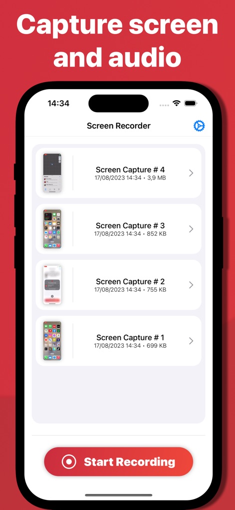 Screen Recorder Voice & Video - This tool provides an intuitive interface for managing existing screen captures, displayed as a chronological list of past recordings, with a clear 'Start Recording' button for new sessions.