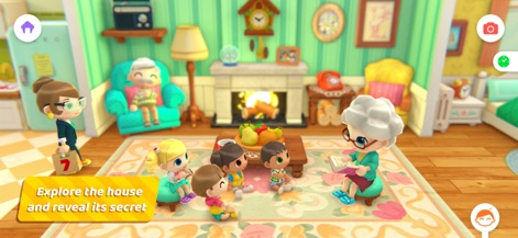 Urban City Stories - Découvrez l'ambiance cosy d'une maison traditionnelle où un personnage adulte lit des histoires à des enfants près de la cheminée.