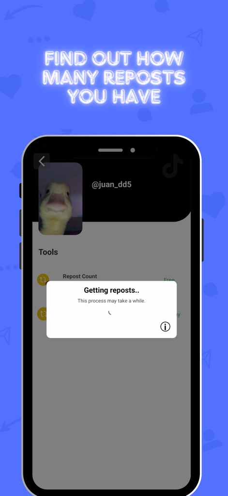 SocialAut - This view demonstrates how the app efficiently retrieves a user's repost count, displaying a "Getting reposts.." status and a note on processing time.