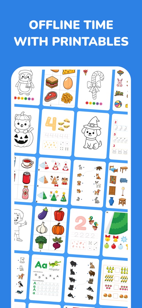 Intellecto Kids Learning Games - Esta sección ofrece una amplia gama de materiales imprimibles para continuar el aprendizaje fuera de la pantalla, mostrando una cuadrícula de hojas de trabajo con dibujos de animales y actividades de colorear.