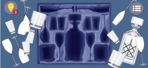 Find Sort Match: Sorting Game - Witness sophisticated sorting challenges, such as arranging the scattered decanter set and its accompanying glasses into their custom-fitted blue organizer tray.