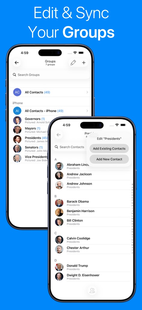 Contacts Sync: Google & More - Se observa una pantalla de 'Groups' con '7 groups' listados en un iPhone y otra donde se edita el grupo 'Presidents' permitiendo añadir o buscar contactos existentes.