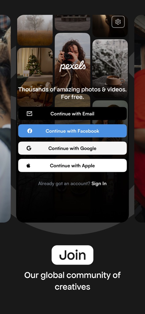 Pexels - L'app offre diverse modalità di accesso e registrazione per gli utenti, inclusa la possibilità di "Continue with Email" o tramite piattaforme social, culminando nel pulsante "Join" che invita a far parte della comunità globale di creativi.