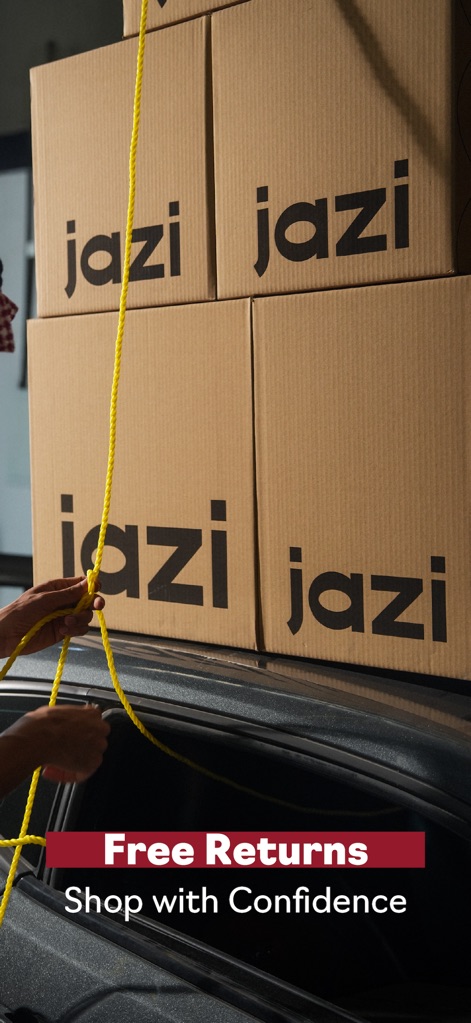 Jazi | جازي - The app instills purchasing confidence through its clear 'Free Returns' policy and visualizes its reliable logistics with distinctive 'Jazi' branded packaging.