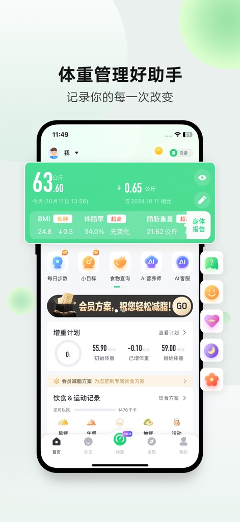 Sunri-你的体重管理好助手 - L'application présente une vue d'ensemble instantanée de vos métriques clés comme le poids et l'IMC, offrant un accès rapide aux plans personnalisés et à l'aide d'un nutritionniste IA.
