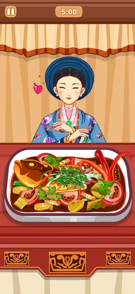 Cookzii: Cozy Cooking ASMR - The app showcases beautifully presented traditional dishes, featuring a richly garnished fish alongside a delighted character in folk attire, embodying the joy of preparing heartfelt meals.