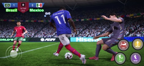 Dream Soccer League 2026 - 相手ディフェンスを華麗にかわすドリブルの瞬間が捉えられており、正確なプレイヤーの動きと多様なコントロールオプションが特徴です。
