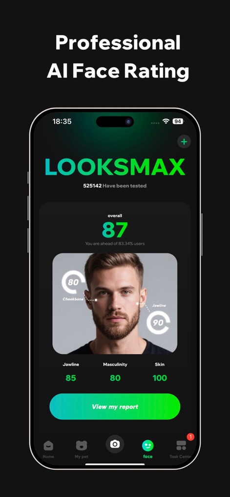 AnimalFace - looksmax ai score - The app provides a "Professional AI Face Rating" for male users, detailing individual scores for "Jawline" and "Cheekbone" mapped directly onto the facial image.