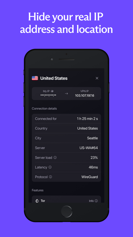 Proton VPN: Fast & Secure App Store screenshot 4, headline “Hide your real IP address and location”. Tells you to do something.