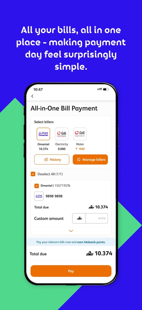 Omantel - アプリは、「通信料、電気、水道などの請求書をまとめて選択できるセクション」を提供し、「詳細な支払いリストと合計金額の表示」により、複数の請求書の支払いを驚くほど簡単にします。
