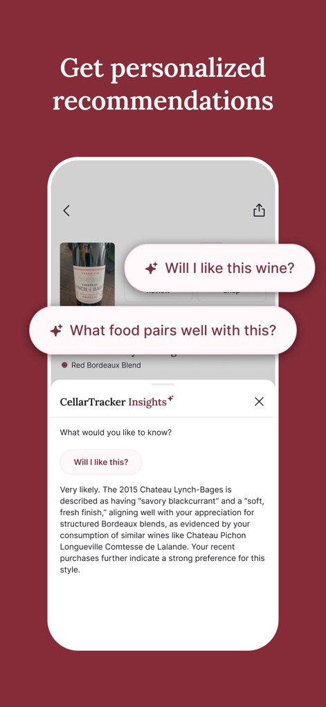 CellarTracker: #1 Wine Tracker - L'application utilise l'IA pour offrir des "recommandations personnalisées" sur les vins et des "suggestions d'accords mets-vins", basées sur les préférences de dégustation uniques des utilisateurs.