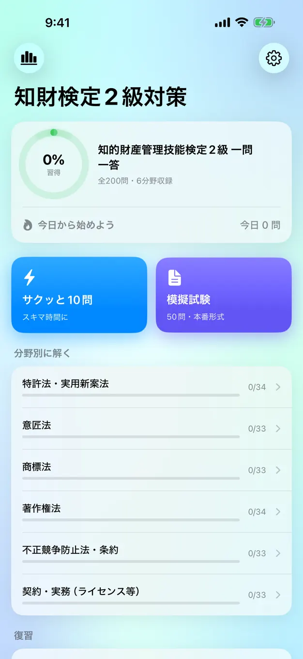 知財検定2級のアプリ画面