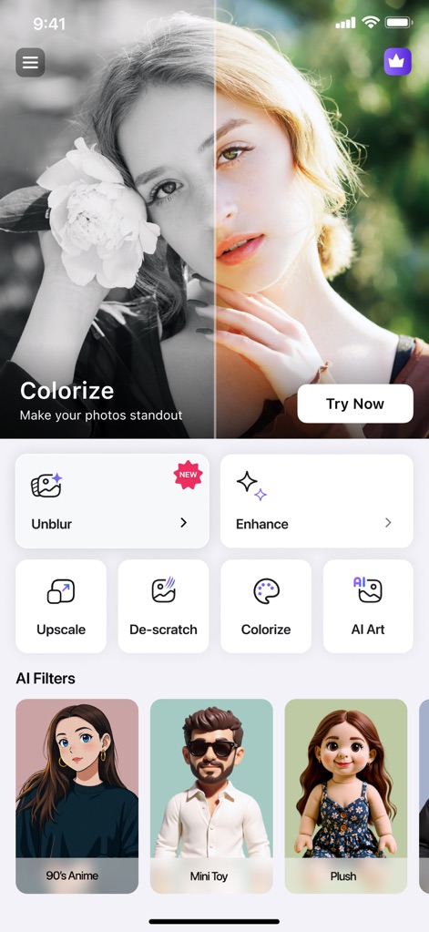 Unblur - AI Photo Enhancer - A tela principal oferece um acesso rápido a diversas funcionalidades, com opções como "Unblur" e "Colorize" exibidas em destaque. Os ícones dos recursos e os filtros de IA na parte inferior organizam as ferramentas de edição.