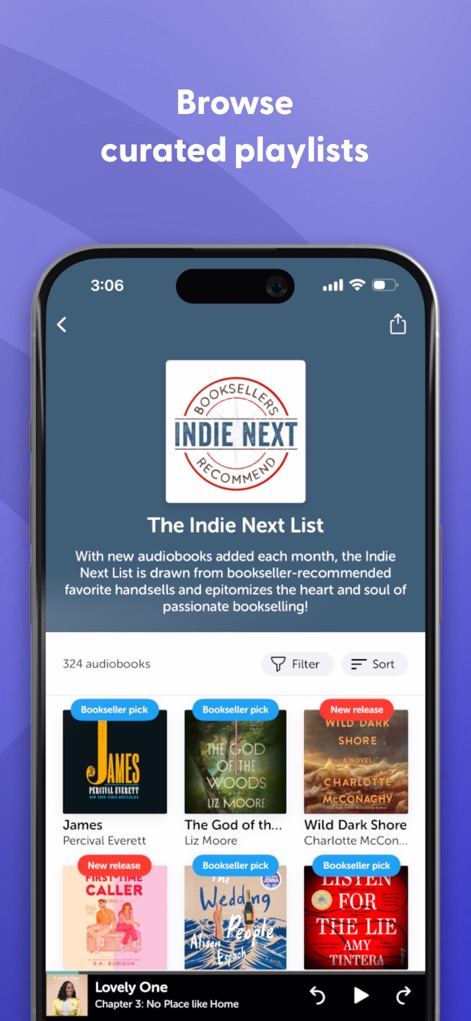 Libro.fm Audiobooks - 「The Indie Next List」の詳細画面では、書店が推薦するオーディオブックが一覧で表示されます。ユーザーは、このキュレーションされたリストを通じて、新たな作品との出会いを楽しめます。