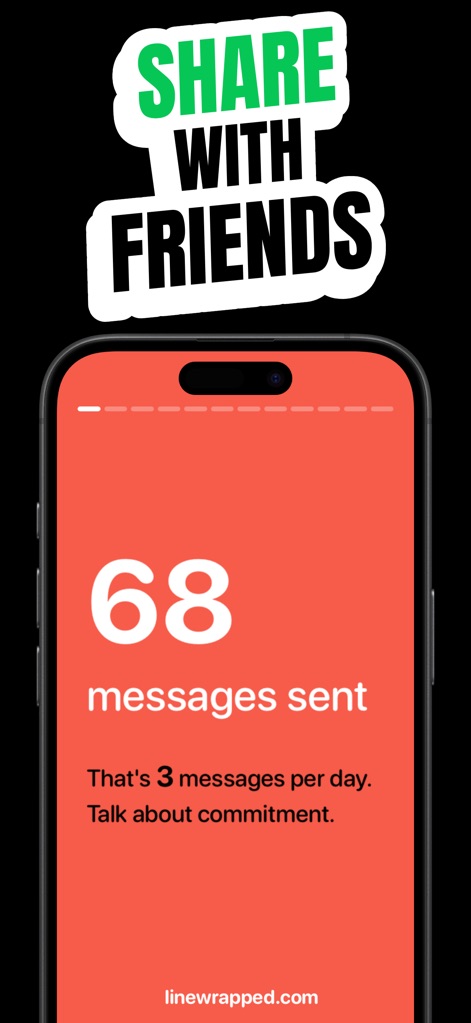 Wrapped for LINE - Los usuarios pueden compartir fácilmente un dato clave de su interacción, visualizando el "68 messages sent" en grande y la frecuencia diaria como "3 messages per day".