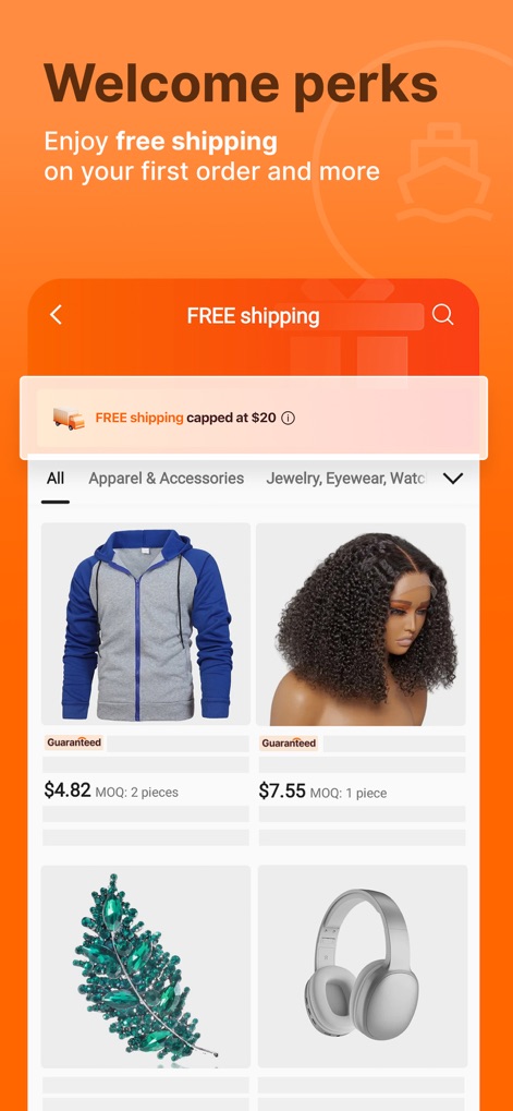 Alibaba.com - The app showcases "Welcome perks" for new users, including a "FREE shipping capped at $20" offer on their initial orders.