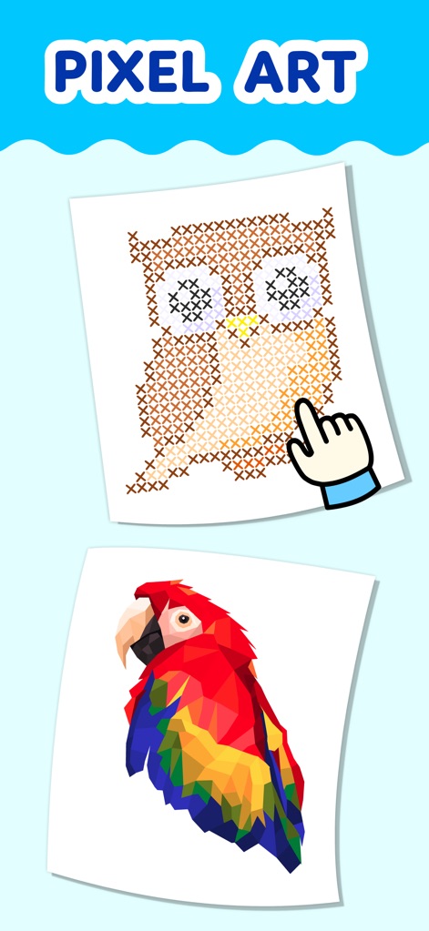 Coloring Games for Kids 2-6! - Nutzer können ihre feinmotorischen Fähigkeiten durch das Ausfüllen von pixelierte Vorlagen wie der Eule schulen und anschließend eine fertige Pixel-Illustration eines bunten Papageis bewundern.