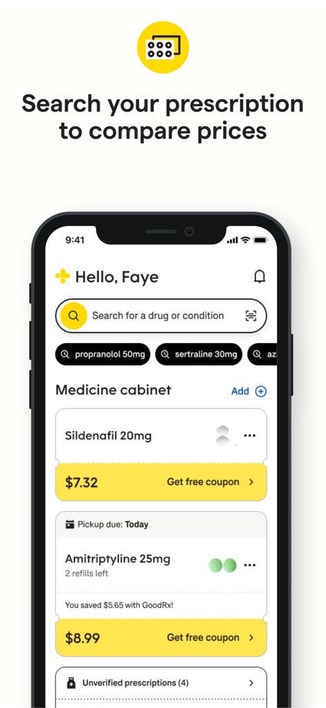 GoodRx: Prescription Savings - Users can efficiently search for drugs and compare prices using the intuitive search bar, while also organizing medications within the "Medicine cabinet" for easy access to coupons.