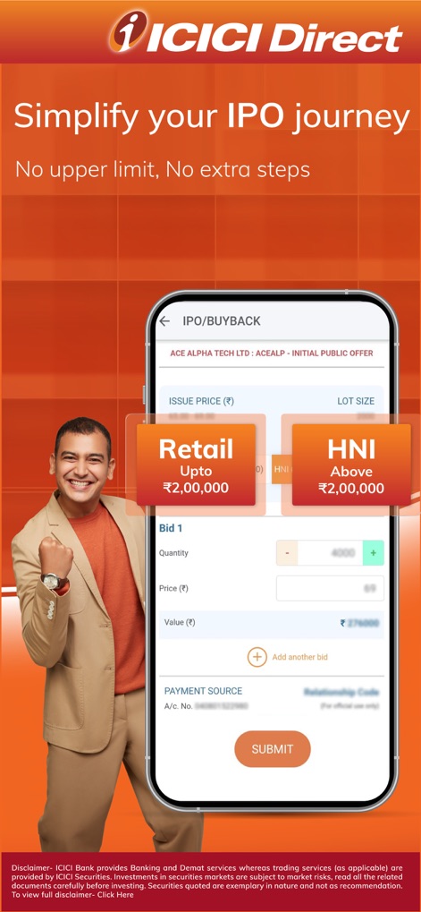 ICICI Direct-Stocks F&O MF IPO - The app facilitates seamless participation in Initial Public Offerings, clearly delineating 'Retail' and 'HNI' categories for diverse investor types.