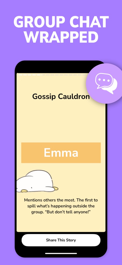 NARYA: Wrapped & AI Coach - La función "Group Chat Wrapped" identifica roles específicos dentro de los chats grupales, señalando a "Emma" como quien "Mentions others the most" y etiquetando al grupo como un "Gossip Cauldron".