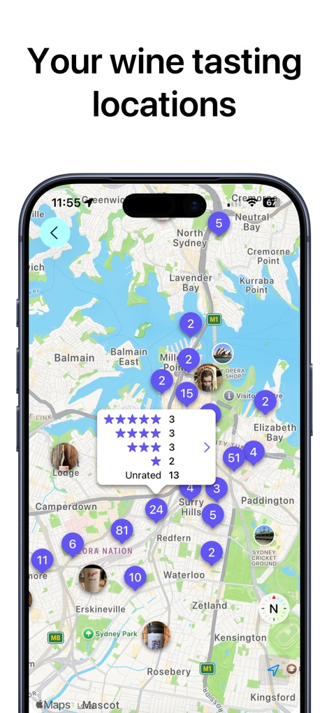 gotBottle: Wine Notes - Nutzer können ihre Weinverkostungsorte auf einer interaktiven Karte visualisieren, wobei geclusterte Pins die Anzahl der an bestimmten Orten genossenen Weine anzeigen.