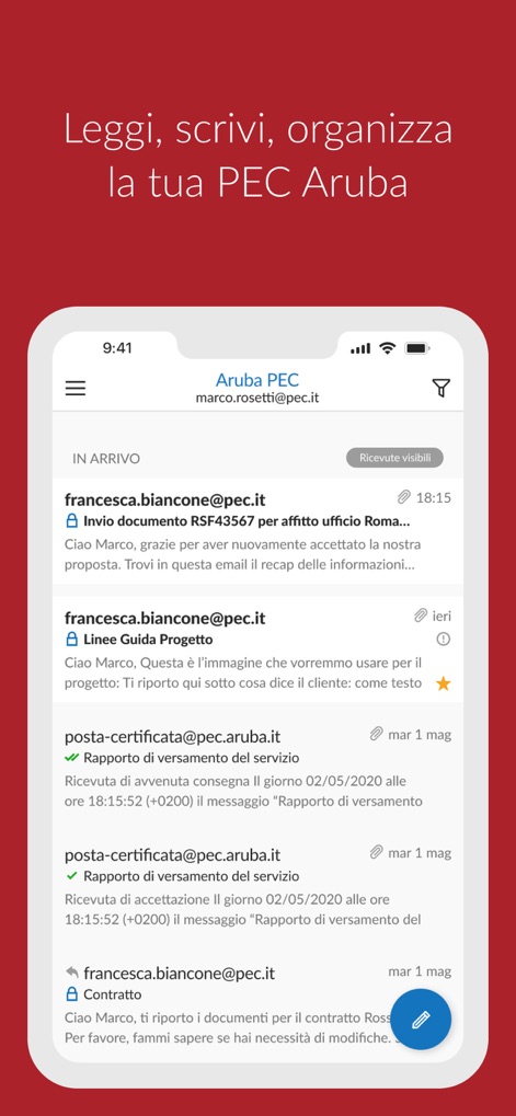 Aruba PEC - このアプリは、受信したPECメッセージを効率的に表示し、メッセージの送信者と件名が明確に識別できる整理された受信箱ビューを提供します。