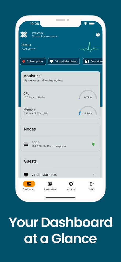 Proxmox VE Companion App Store screenshot 1, headline “Your Dashboard at a Glance”. Words at the bottom.