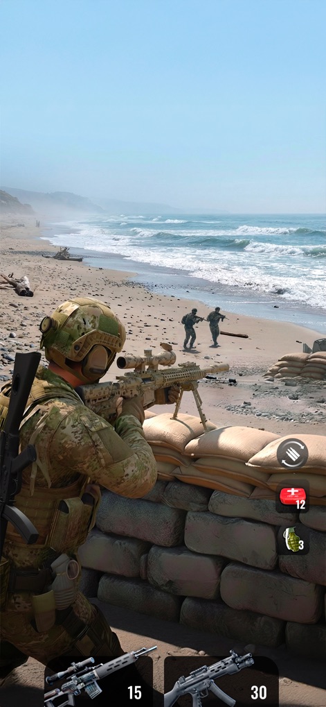 Shoot Out: Shooting Simulator - Cette scène met en lumière l'environnement varié de l'application avec sa plage détaillée, et la capacité à maîtriser le tir de précision grâce à l'utilisation d'un fusil de sniper tactique.