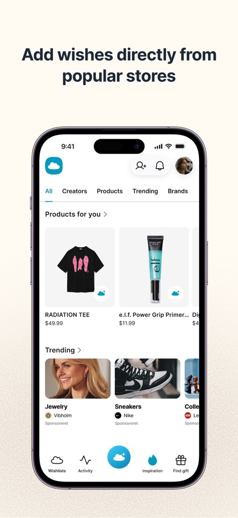 GoWish - Your Digital Wishlist - This feature showcases curated product feeds under categories like 'Products for you' and 'Trending,' allowing direct saving of wishes from popular stores.