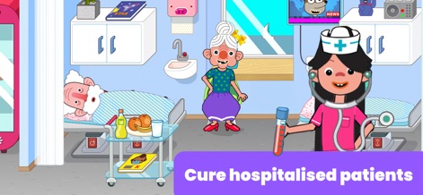 Hospital Games for Kids - Explore a patient room with an elderly character resting in bed and a nurse using a stethoscope for examination.