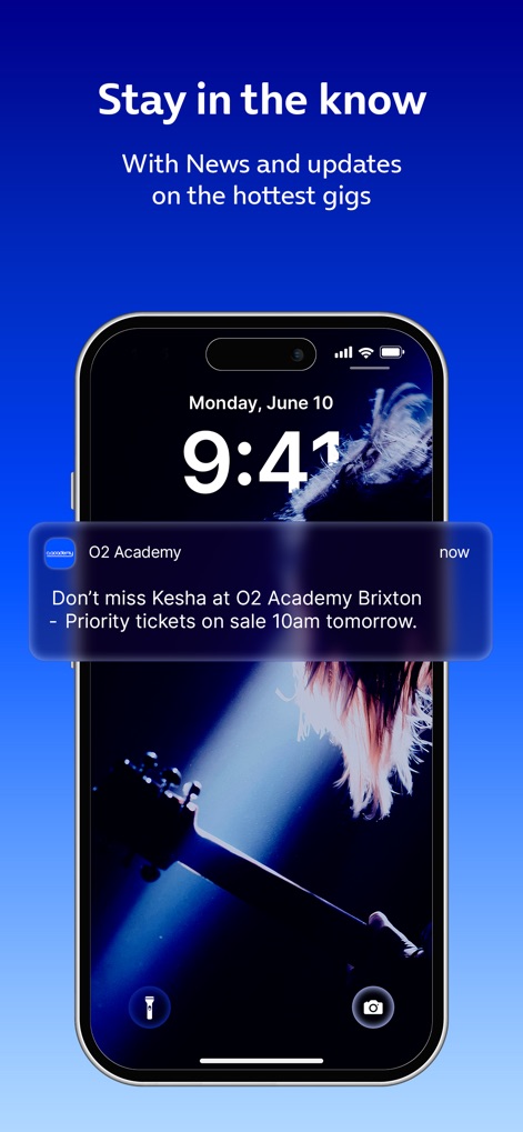 O2 Academy Venues - Users receive proactive updates through lock screen notifications, alerting them to critical information such as 'priority tickets' going on sale and key 'event updates'.
