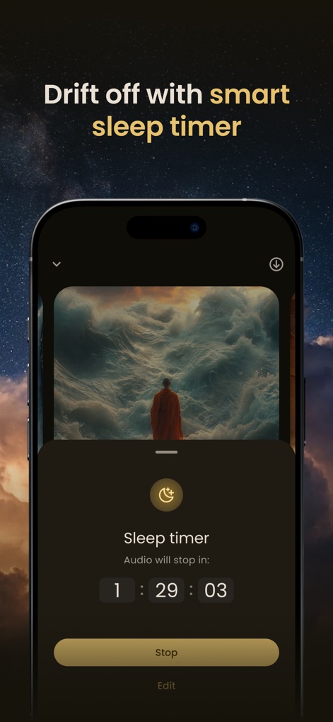 Sutara: Buddhist Sleep Stories - The app features an intuitive sleep timer, allowing users to customize audio duration with precise hour and minute settings, ensuring a peaceful transition into sleep.
