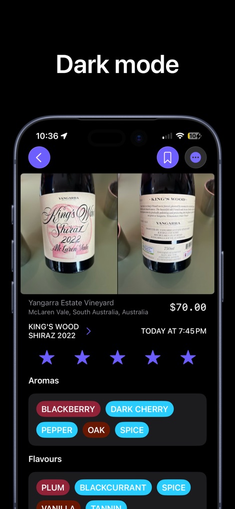 gotBottle: Wine Notes - Die App präsentiert die detaillierte Weinansicht in einem eleganten dunklen Modus, der die Lesbarkeit verbessert und die prägnanten Fotos des Flaschenetiketts sowie die spezifischen Aromen-Tags hervorhebt.