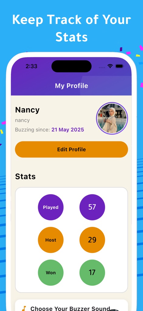 Buzzy Party: Spy امبوستر - Users can track their progress through comprehensive personal statistics and customize their experience by choosing unique buzzer sounds.